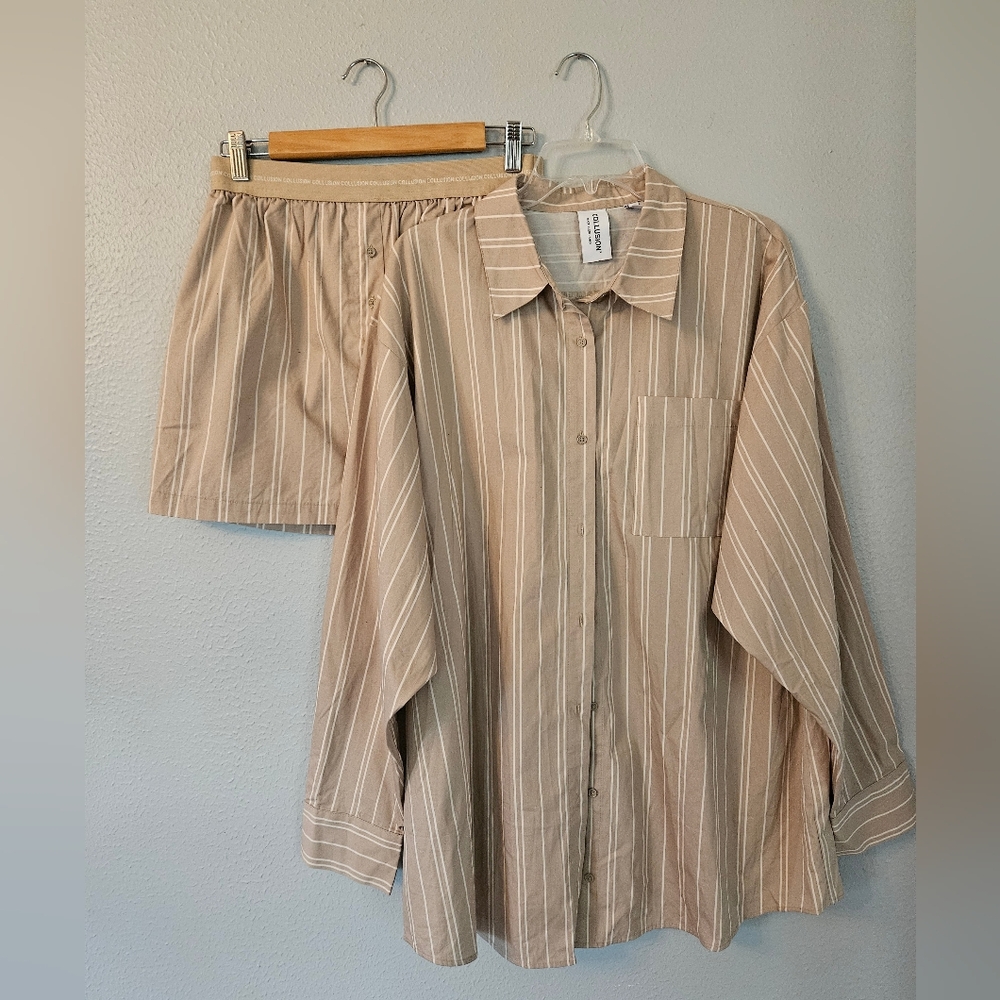 COLLUSION Striped Beige Pajama Set. size 8. 100% Cotton